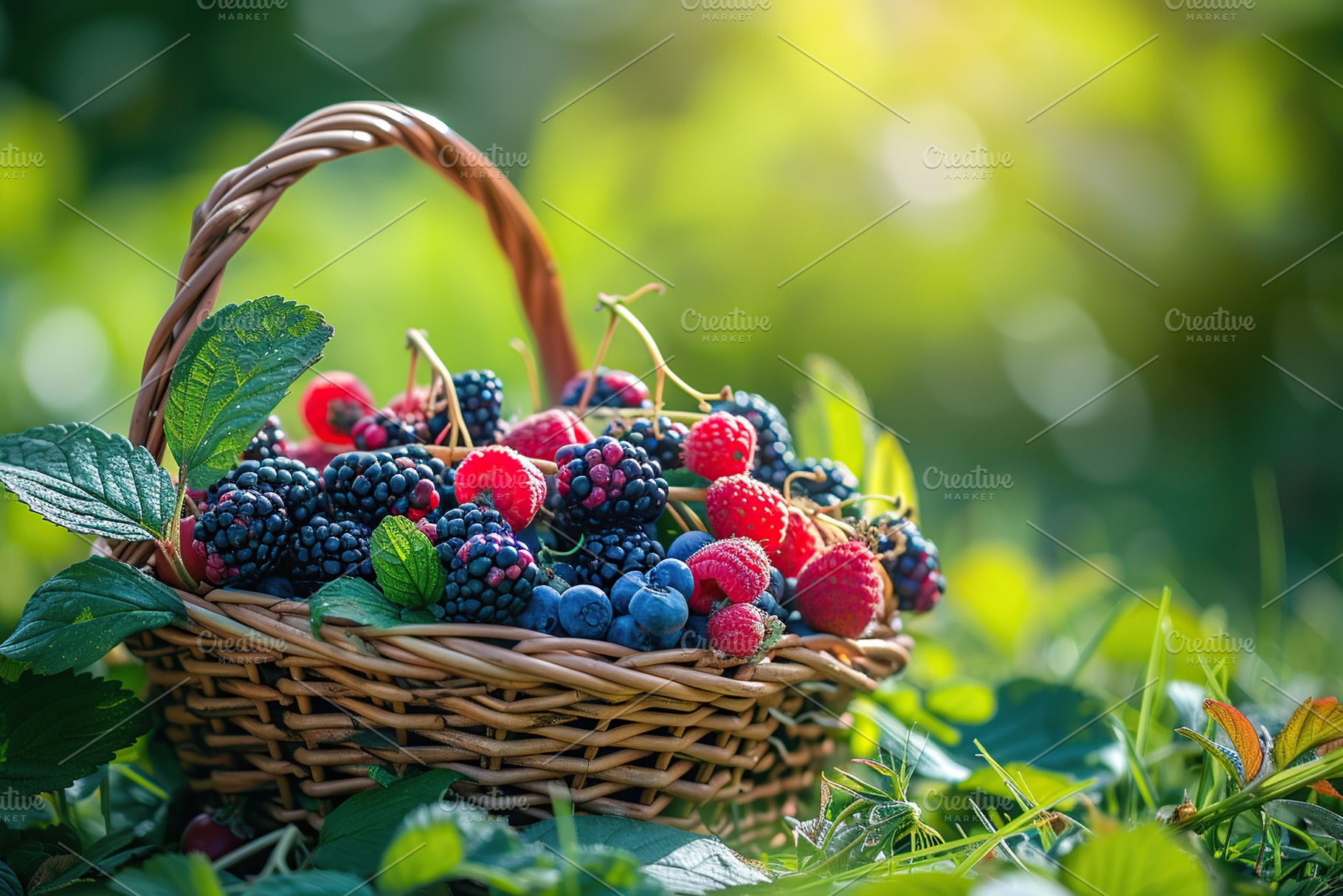 Fresh ripe berries in basket in the garden, a Food & Drink Photo by AlyaAnd