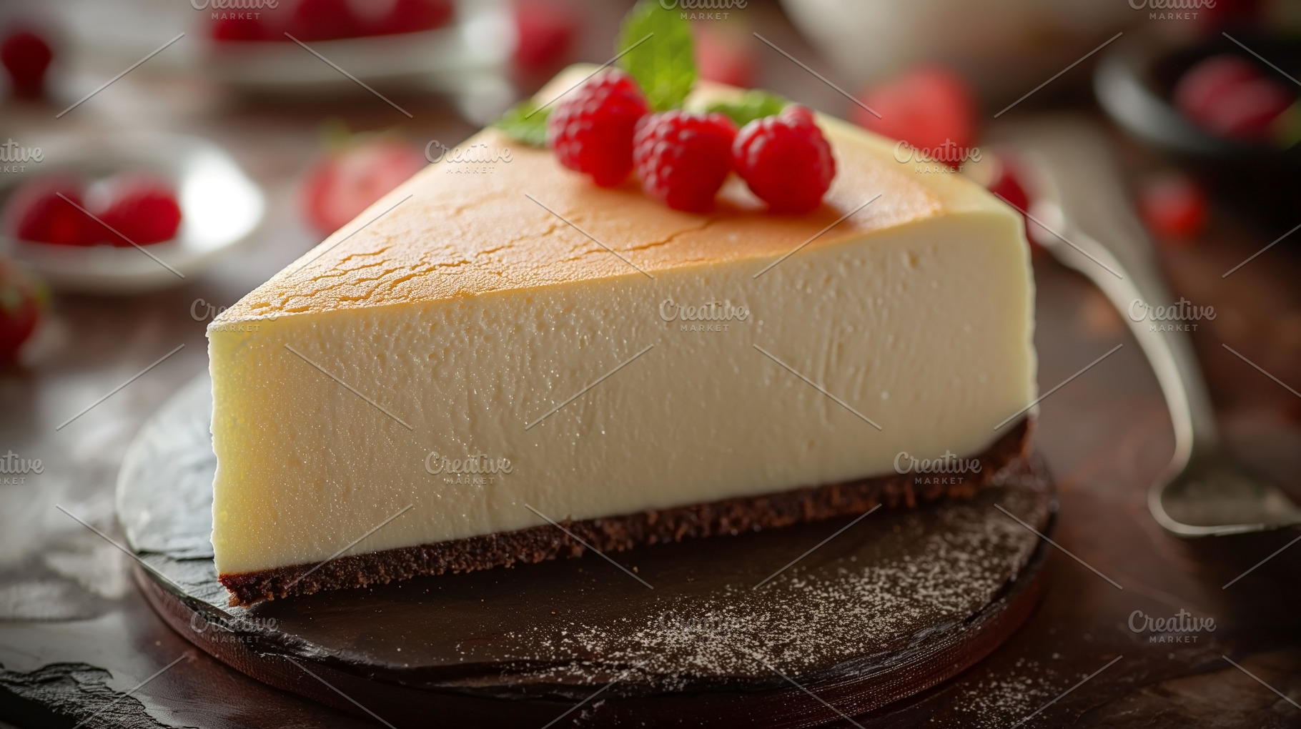 A delicious slice of cheesecake topped with fresh raspberries on, a Food & Drink Photo by ImageMir