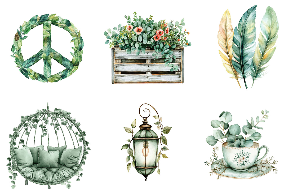 Watercolor Sage Green Boho Life Clip, an Illustration by Designking (Photo 5 of 5)