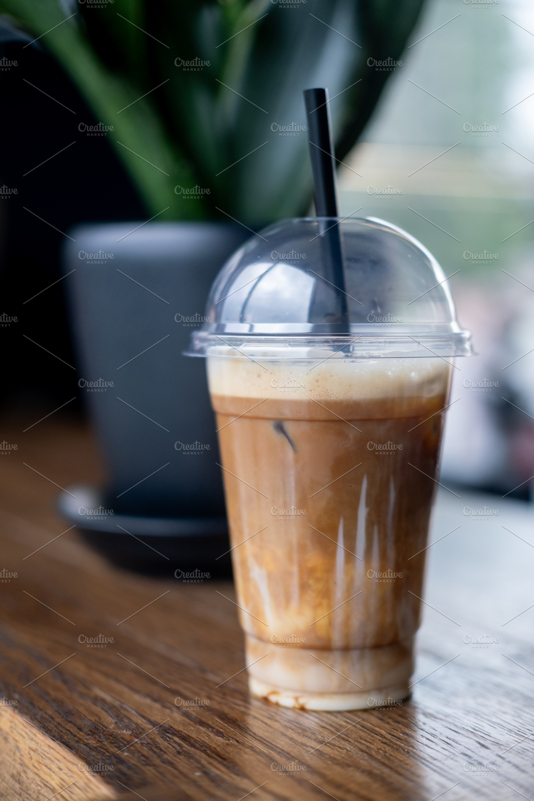 Latte drink takeaway cup plastic mug lid straw, a Food & Drink Photo by Photo Drive Studio