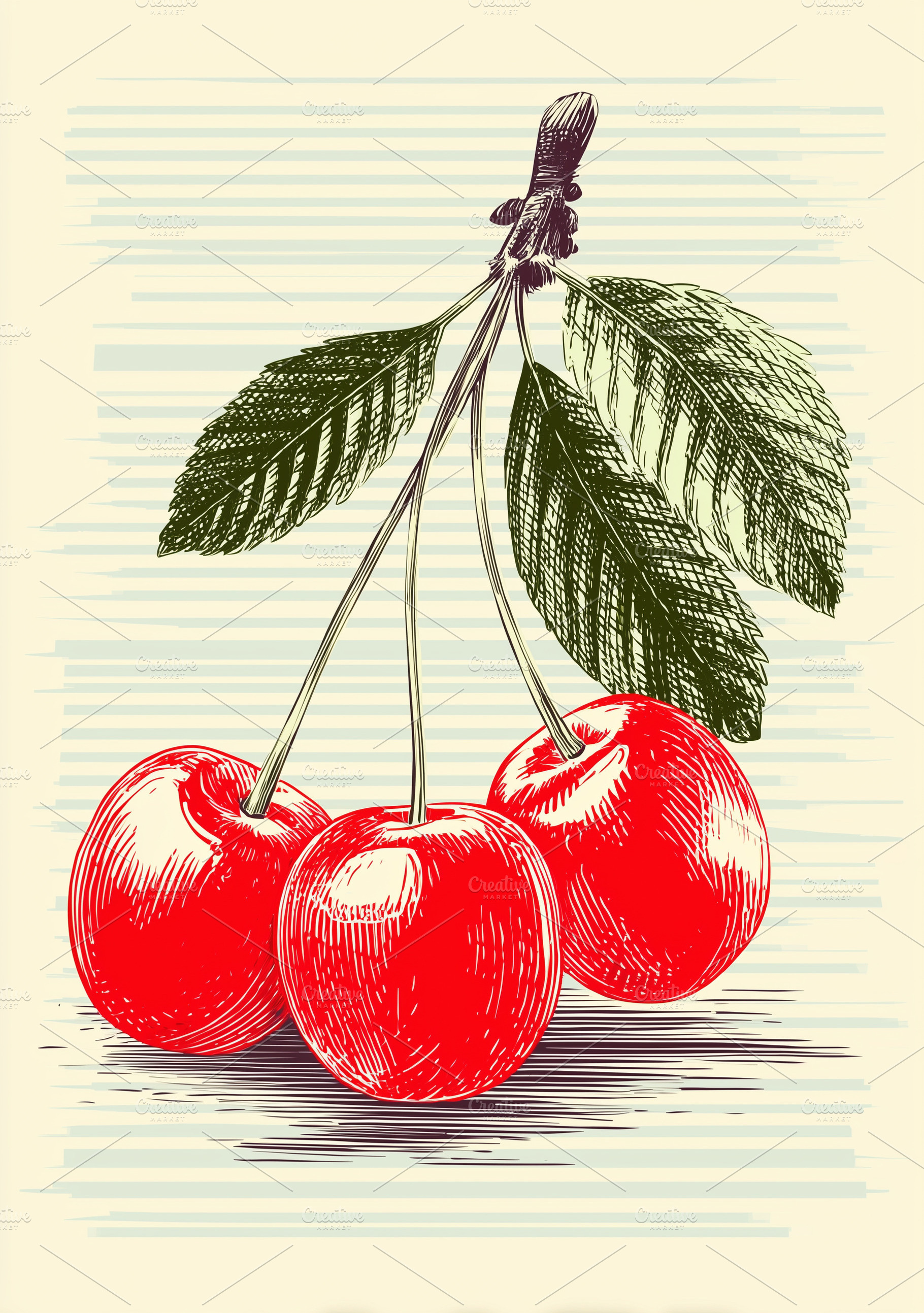 Vintage three ripe red cherries with, a Food & Drink Photo by MistyDay