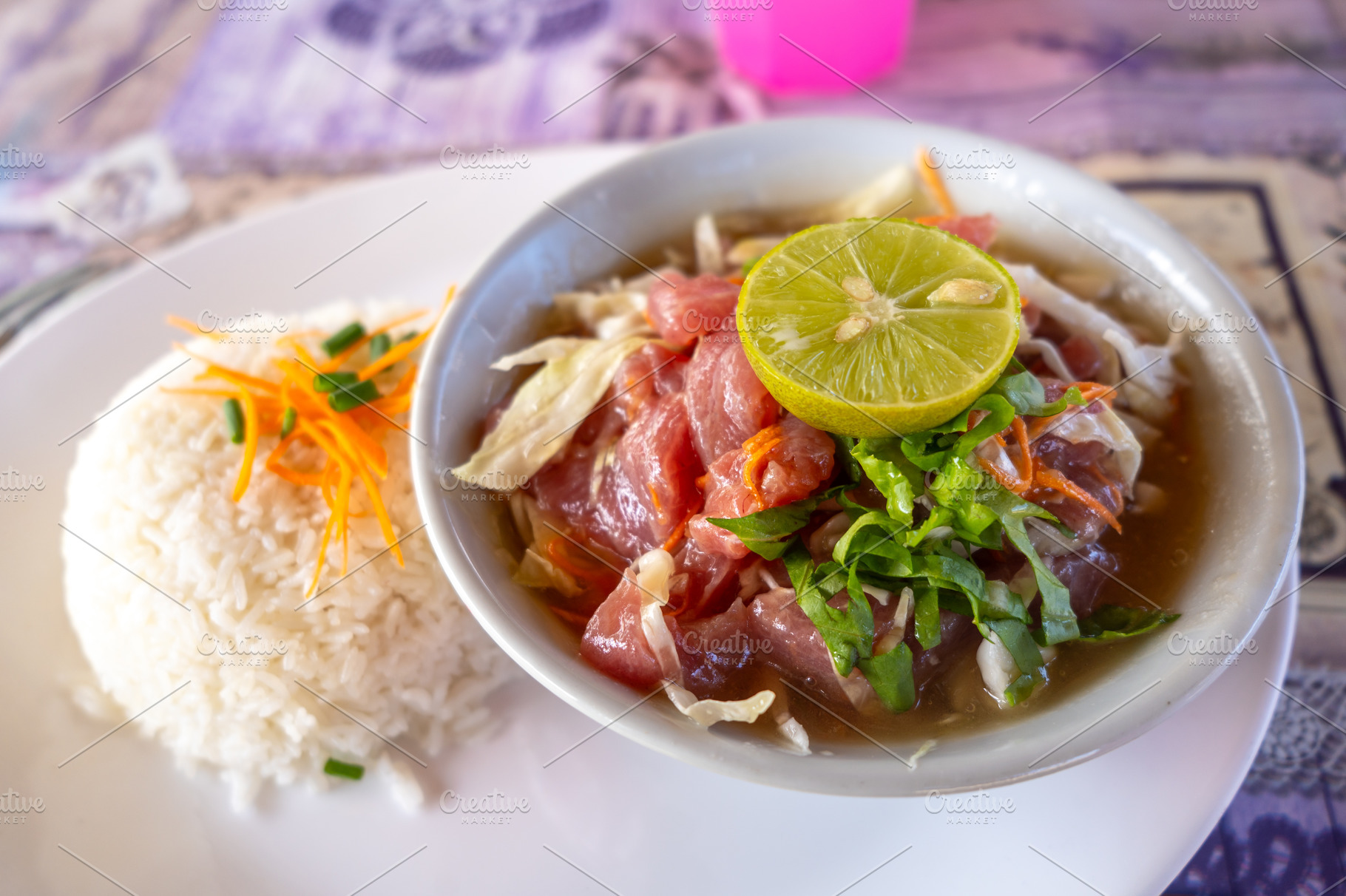 Polynesian raw fish dish served in Hiva Oa, French Polynesia, a Food & Drink Photo by GoodGoods
