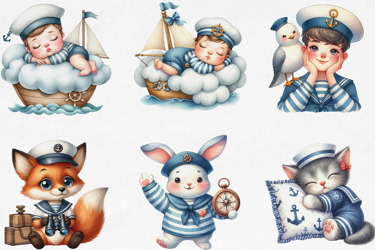 Cute Little Sailor Watercolor PNG, an Illustration by Designking (Photo 3 of 4)