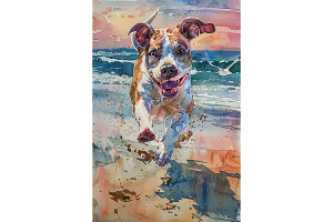Happy Dog Running on Beach at Sunset, an Animal Illustration by Art Paradise Studios