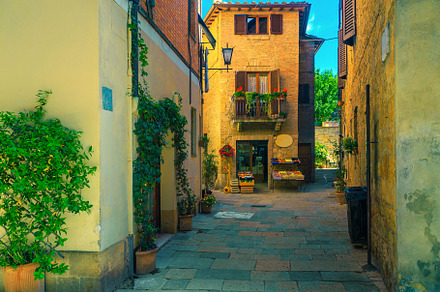 Rustic stone houses in pienza featuring antique, alley, and architecture, an Architecture Photo by Alpine Dreams