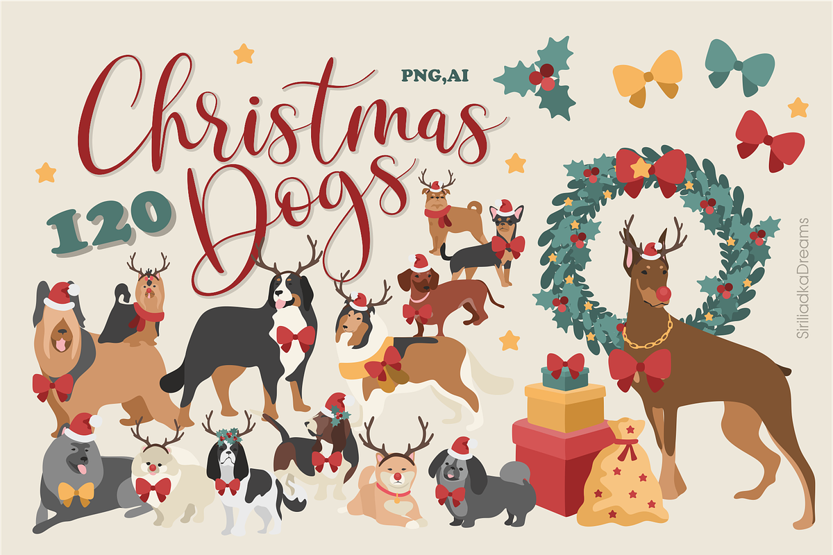 Christmas and New Year dogs clipart, an Illustration by Siriliadka Dreams (Photo 1 of 8)
