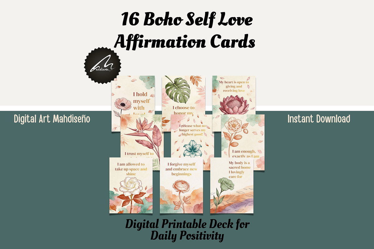Boho Botanical Affirmation Cards, a Card Template by Digital Art Mahdiseño (Photo 1 of 13)