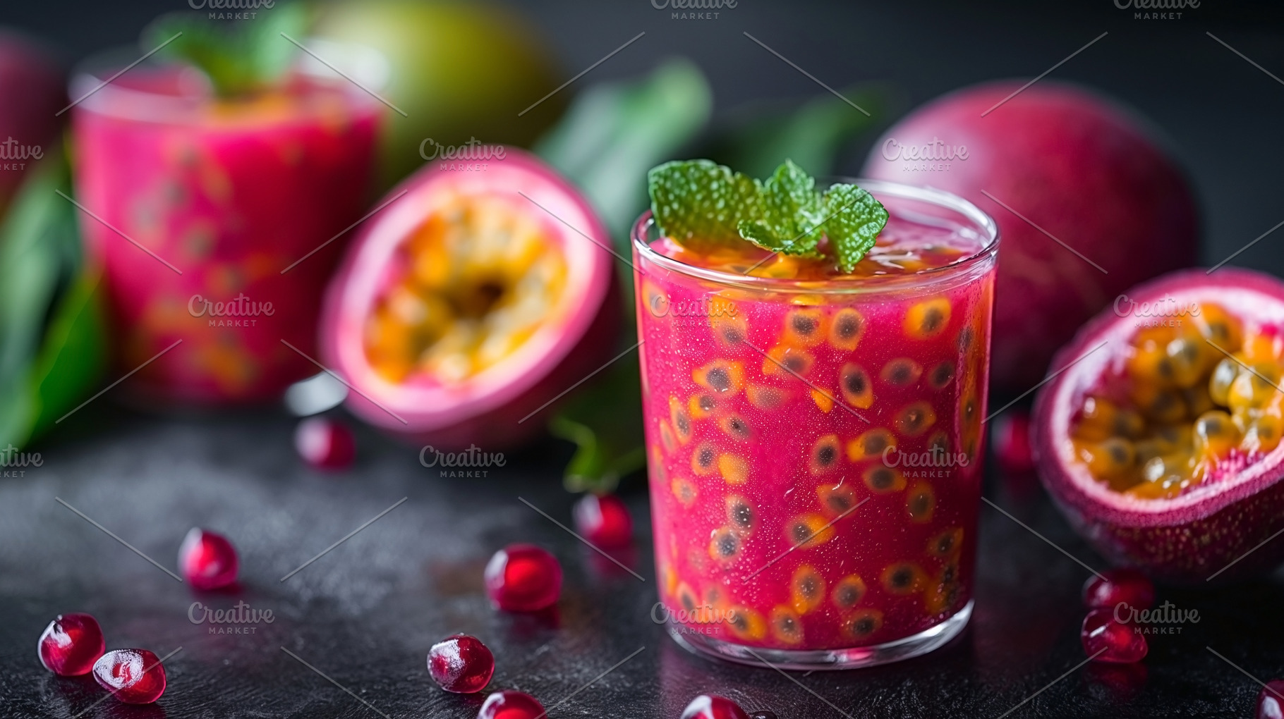 Refreshing pink passion fruit drink garnished with mint leaves,, a Food & Drink Photo by ImageMir