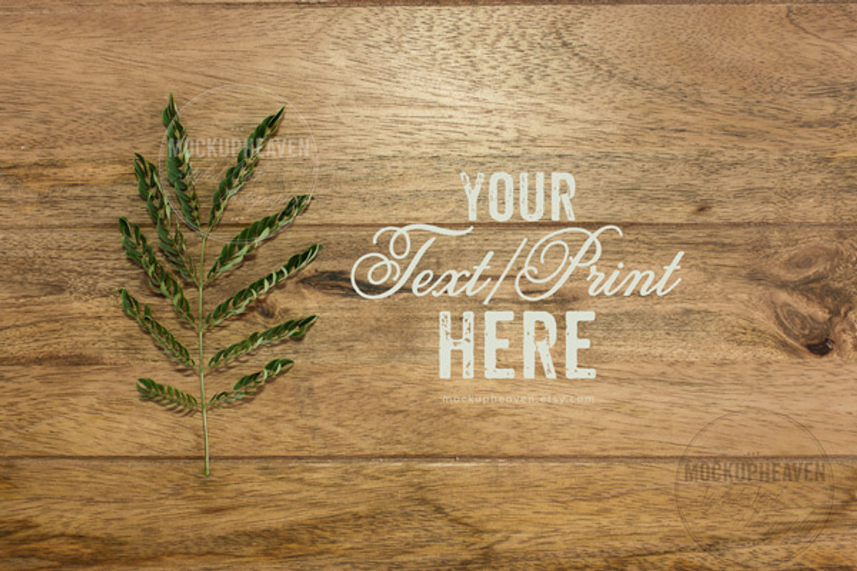 Tropical Fern on Wood Mockup, a Print Template by MockUpHeaven