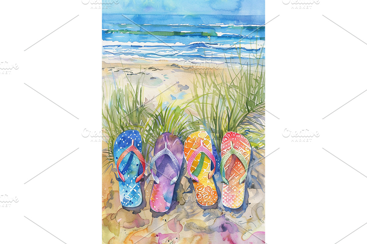 Flip Flops in Beach Coastal Art, a Decorative Illustration by Art Paradise Studios