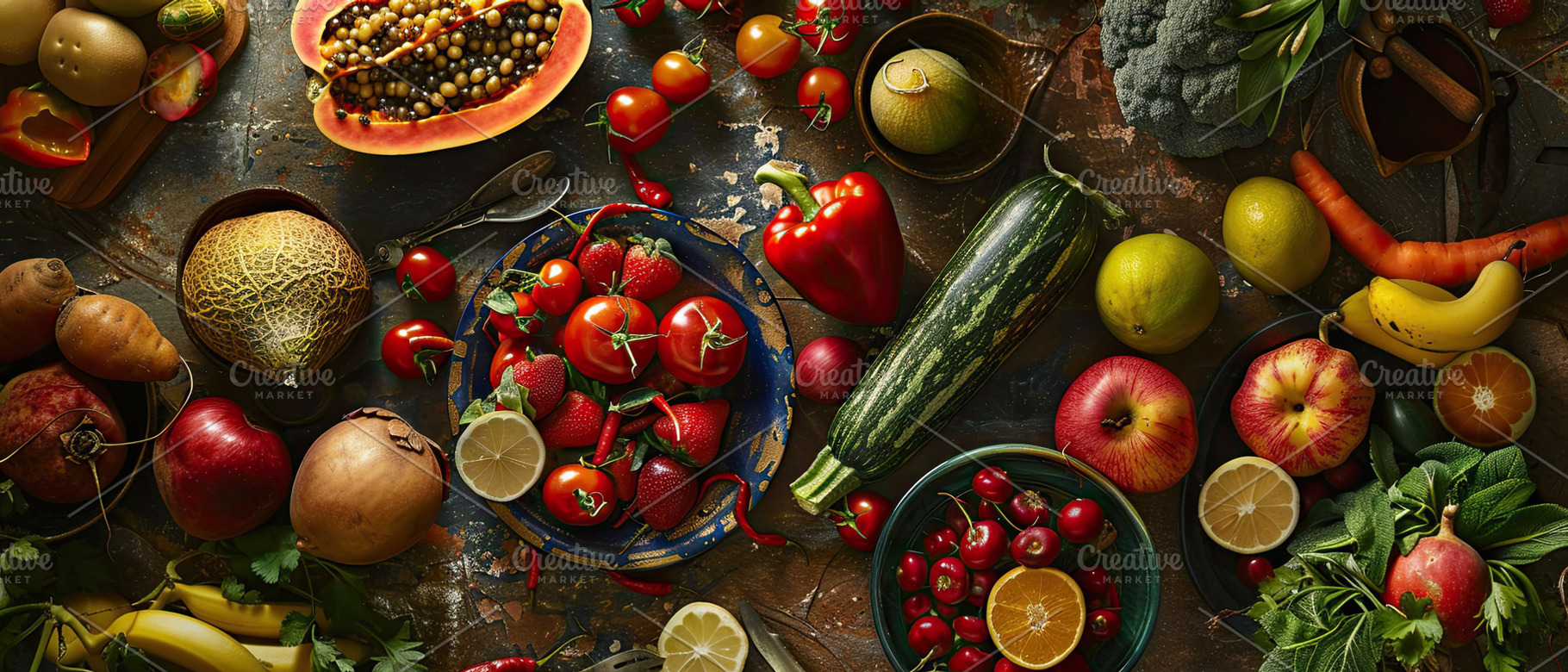 Directly above shot of various food, a Photo by LOGOCREATIVE