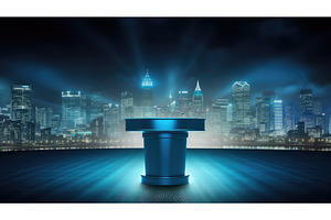 stage blue podium background ai, a Business Photo by pikepicture