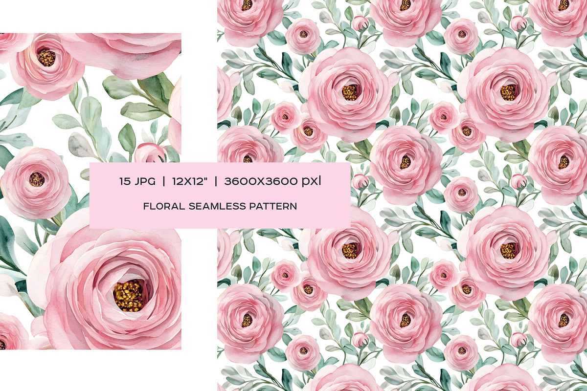 Watercolor pink flowers patterns set, a Pattern Graphic by Art and Funny (Photo 7 of 8)