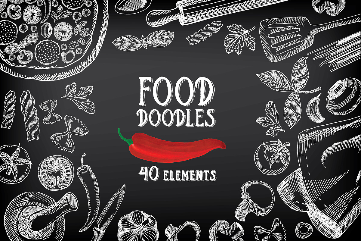 Food doodles 40 elements, a Food Illustration by BarcelonaShop (Photo 1 of 3)