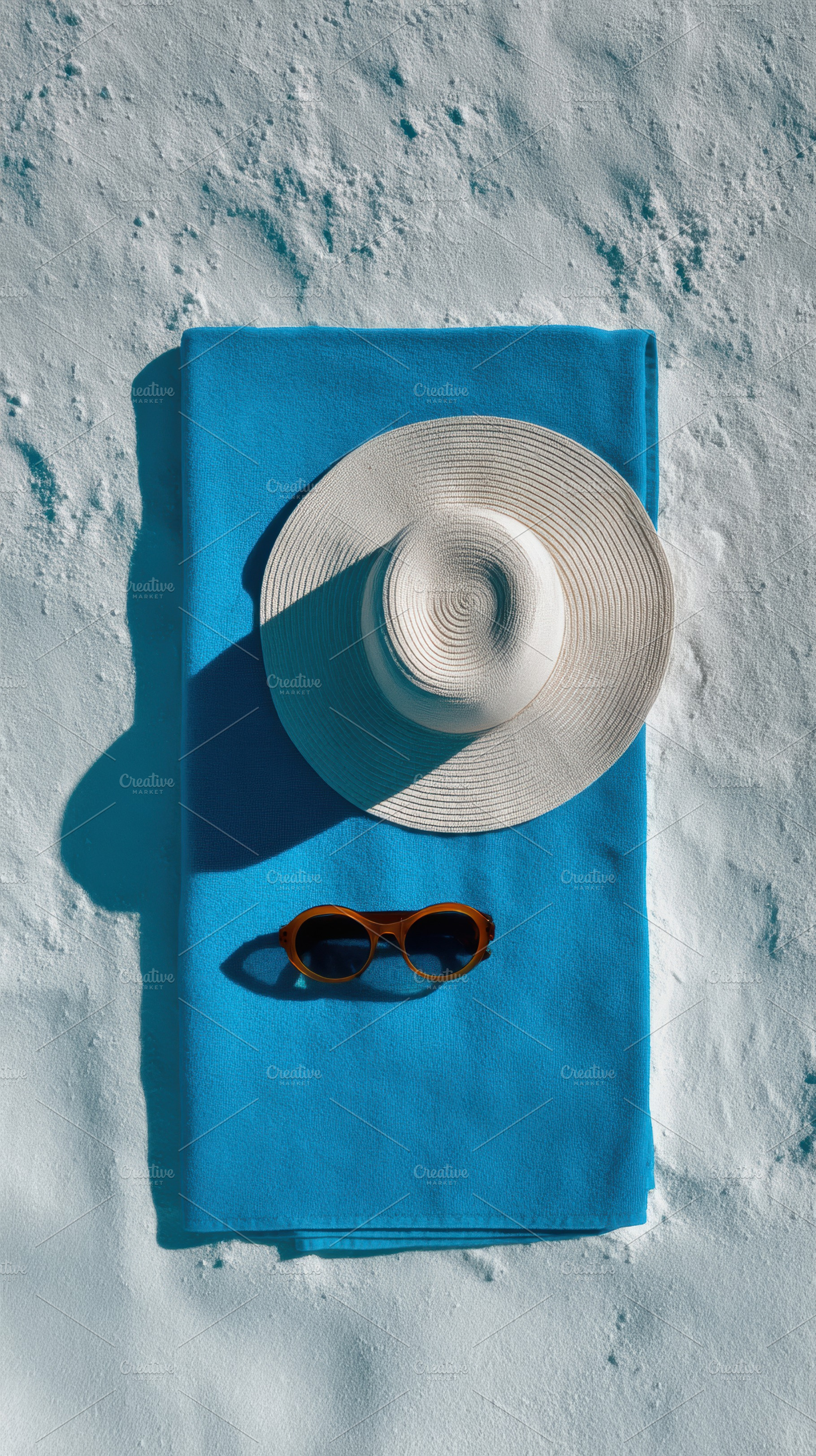 Blue beach towel with sunglasses, a Photo by Virgo Studio