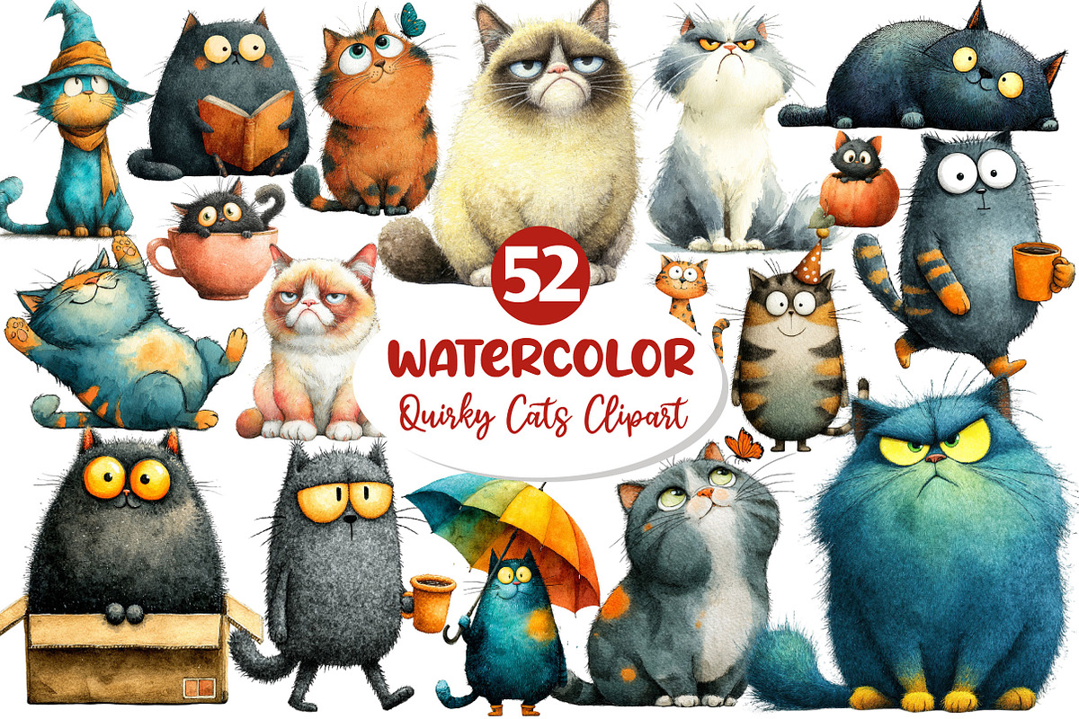 Quirky Cats Sublimation Clipart, an Illustration by Dream Creation (Photo 1 of 5)