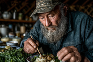 Elderly man enjoying a traditional hearty meal in rustic surroundings, a Photo by AS photostudio