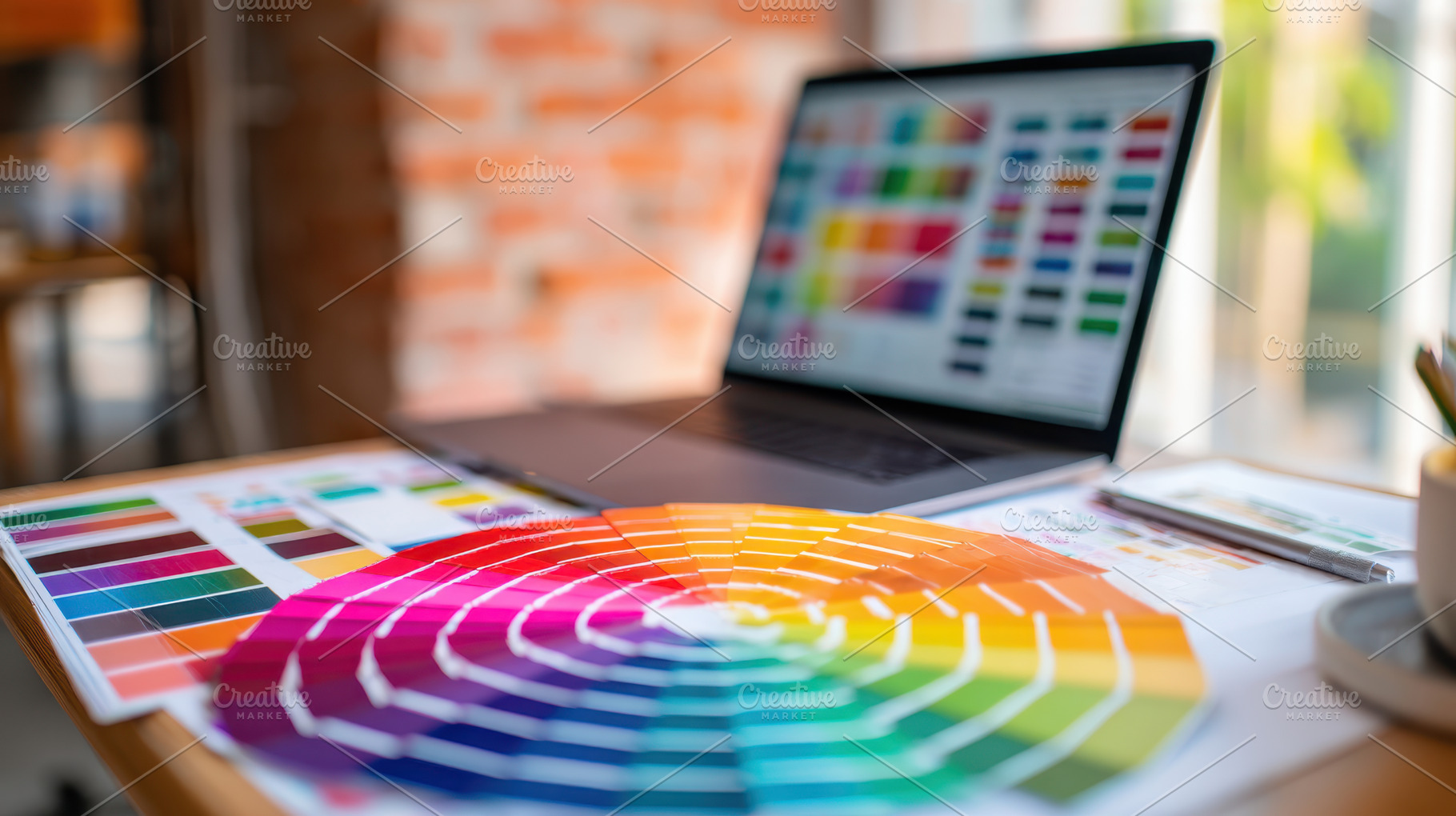 Color palettes and laptop in a creative workspace, an Arts & Entertainment Photo by AlyaAnd