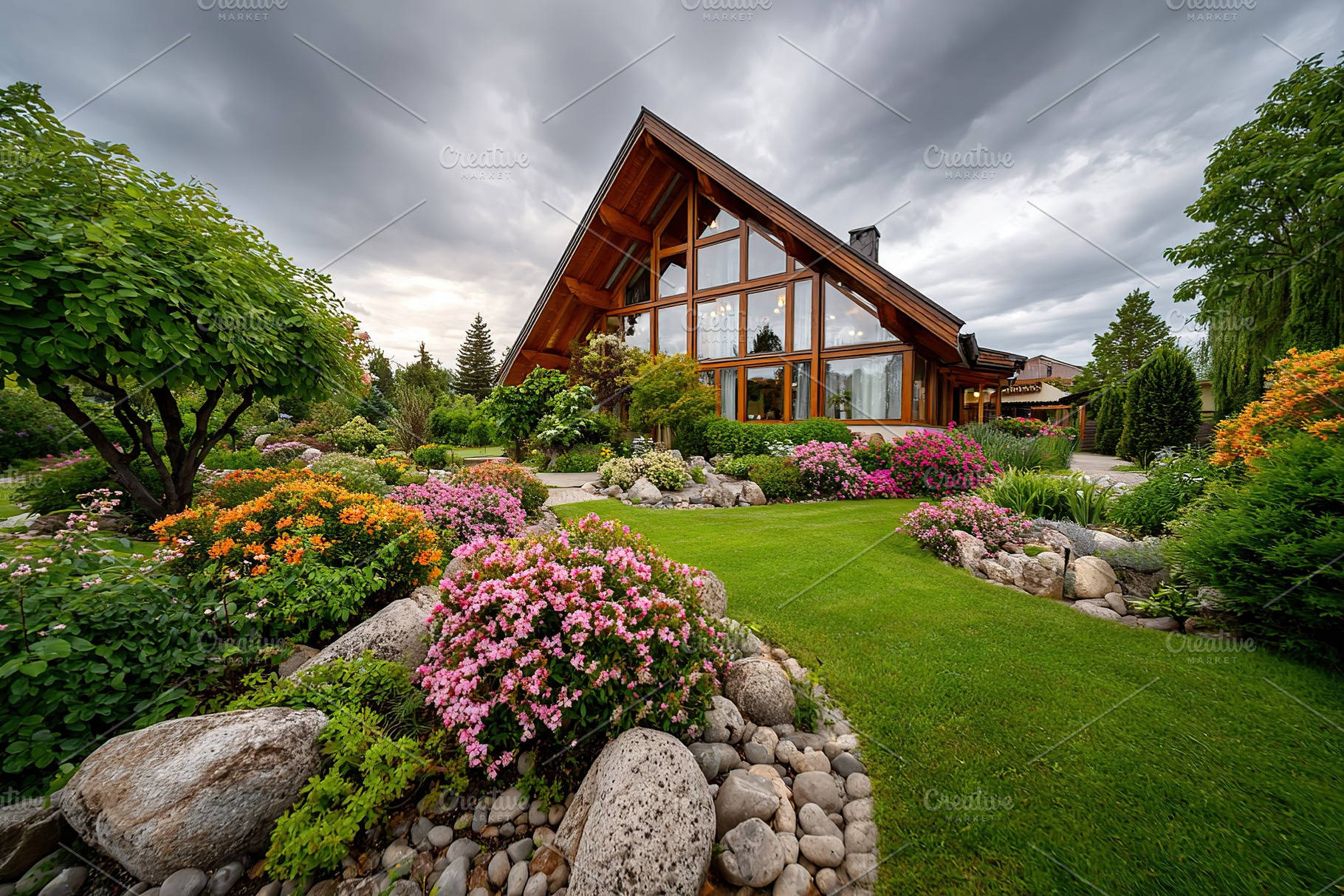 Beautiful country house surrounded by vibrant gardens under a cloudy sky, a Photo by AlyaAnd