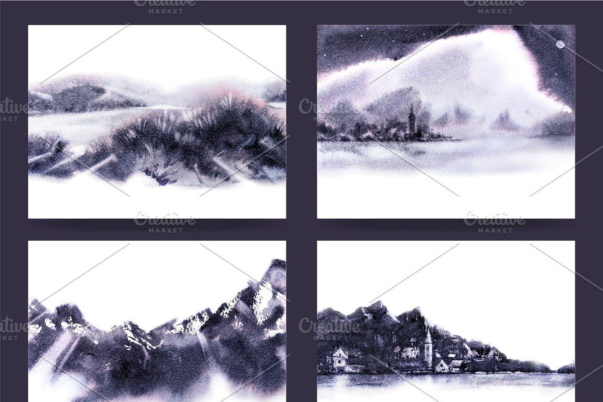 Watercolor Winter Landscapes Set, a Texture Illustration by Nuburu (Photo 10 of 14)