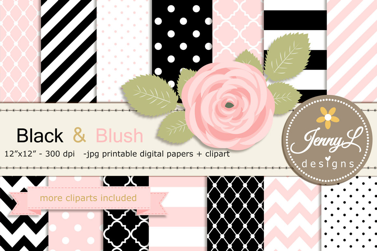 Black and Pink Digital Paper Clipart, a Pattern Graphic by JennyL Designs (Photo 1 of 3)
