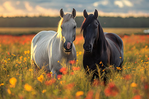 Two beautiful horses, one white and one black, stand together in a vibrant fiel, an Animal Photo by ImageMir