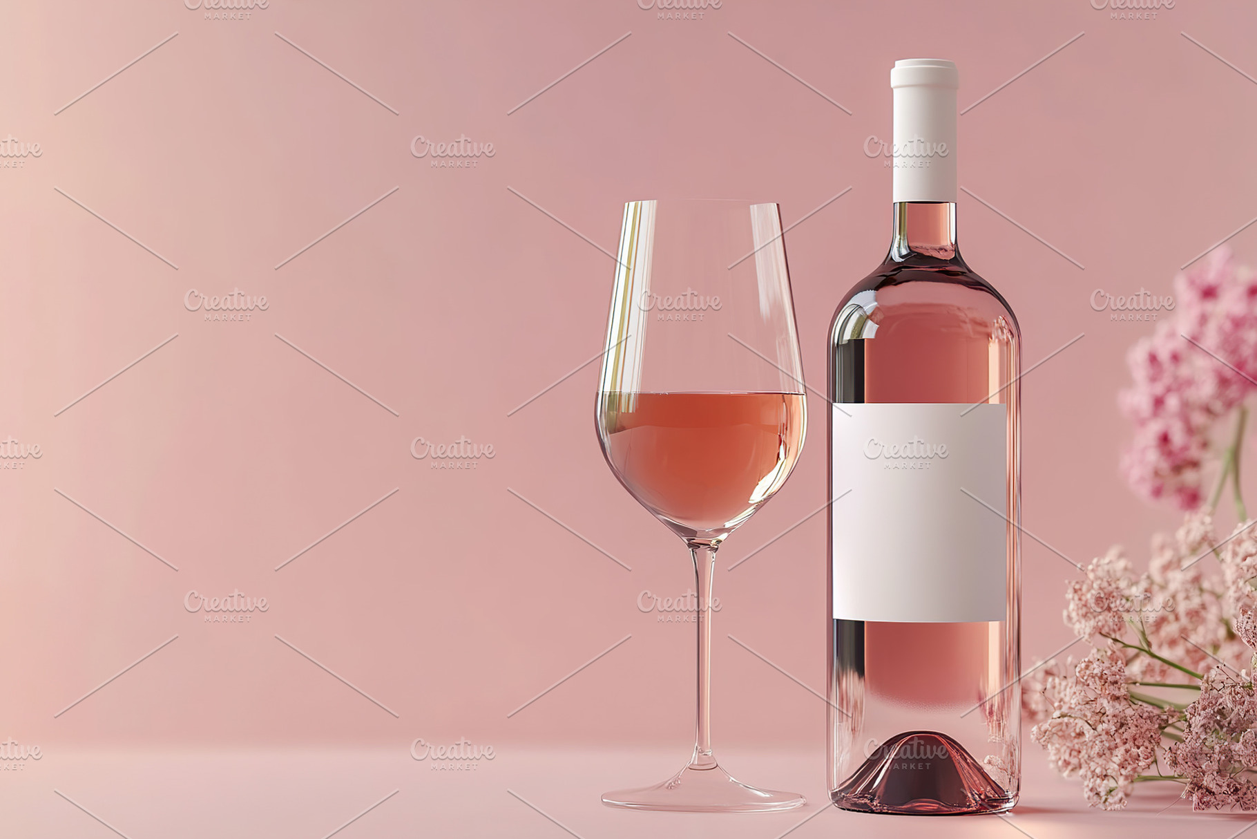 Elegant setup featuring blank wine bottle with glass and flowers, a Food & Drink Photo by AlyaAnd