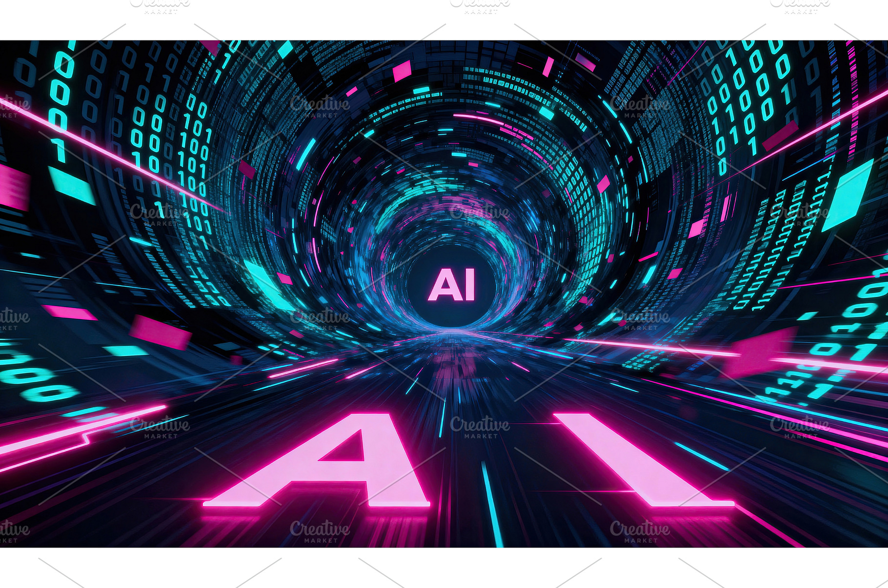 AI tunnel of glowing code and neon, a Technology Photo by tilialucida
