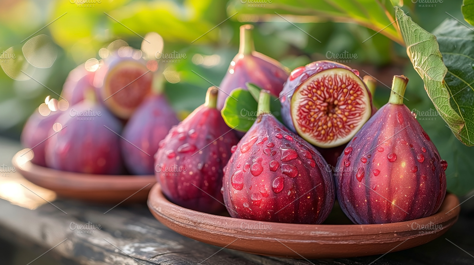 Fresh ripe figs with droplets, beautifully arranged on clay dish, a Food & Drink Photo by ImageMir