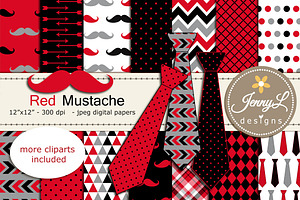 Red Mustache Necktie Digital Paper, a Pattern Graphic by JennyL Designs
