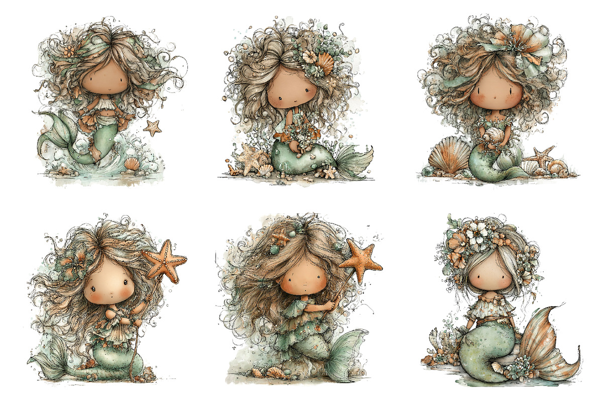 Whimsical summer mermaid clipart, an Illustration by SinaCreation (Photo 7 of 11)