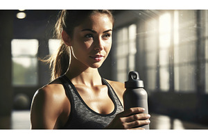 A woman in a gym holding a water, a Beauty & Fashion Photo by Igor Tichonow