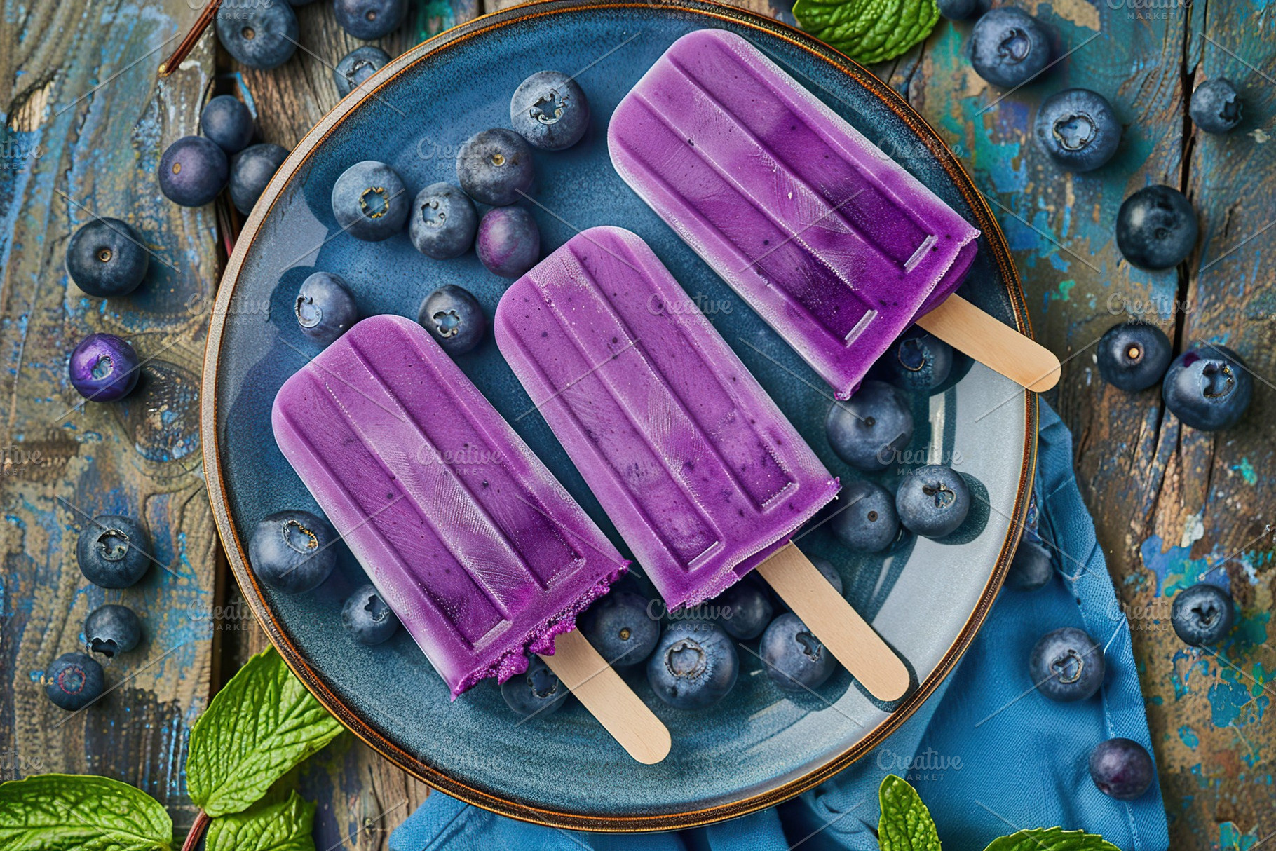 Ice cream popsicles with organic blueberries on wooden background, a Food & Drink Photo by AlyaAnd