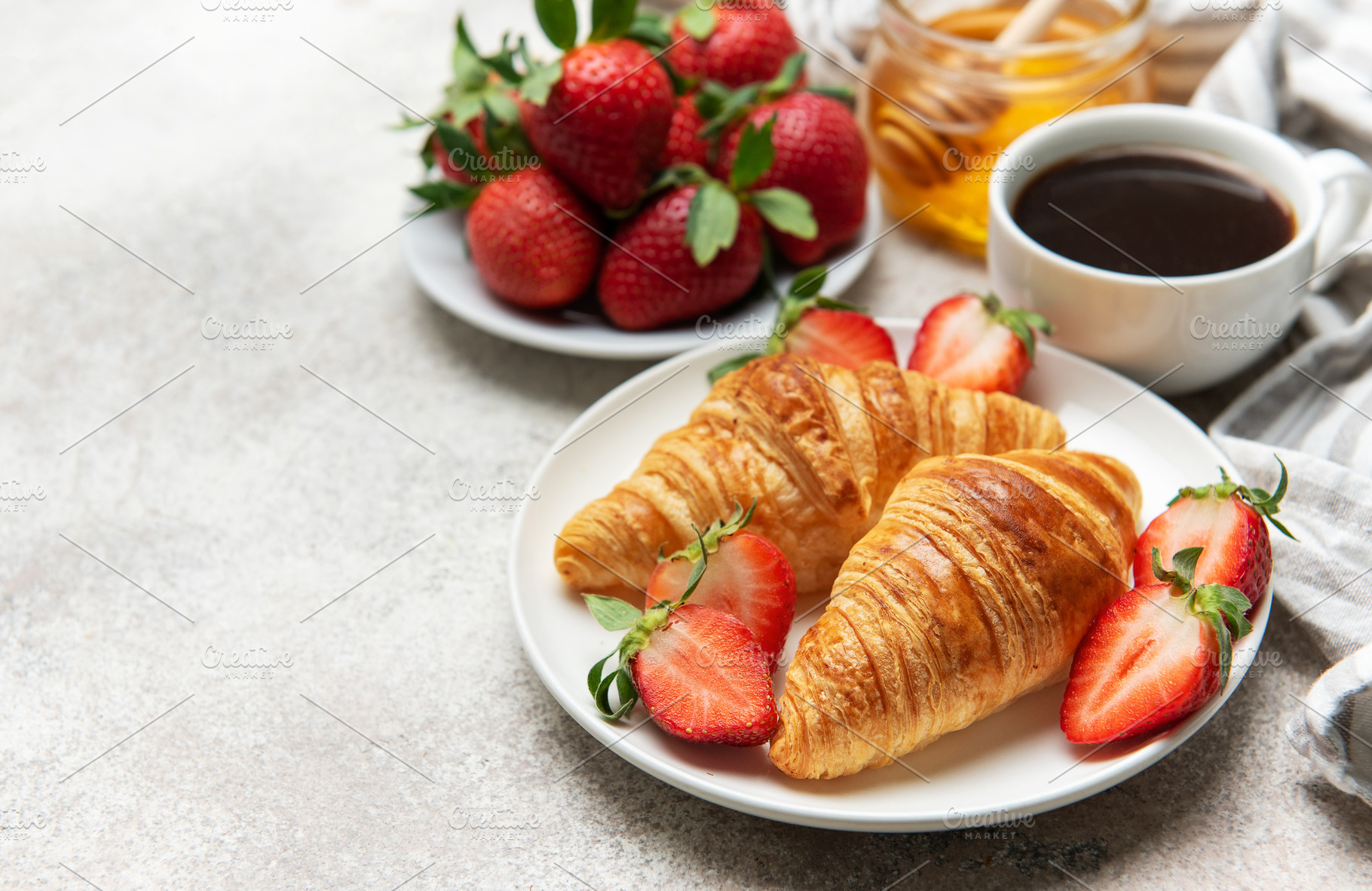 Delicious french breakfast with coffee, honey and croissants acc, a Food & Drink Photo by Olena Rudo