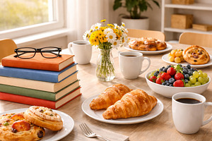 Breakfast table with books, coffee,, a Photo by Dvoevnore photos