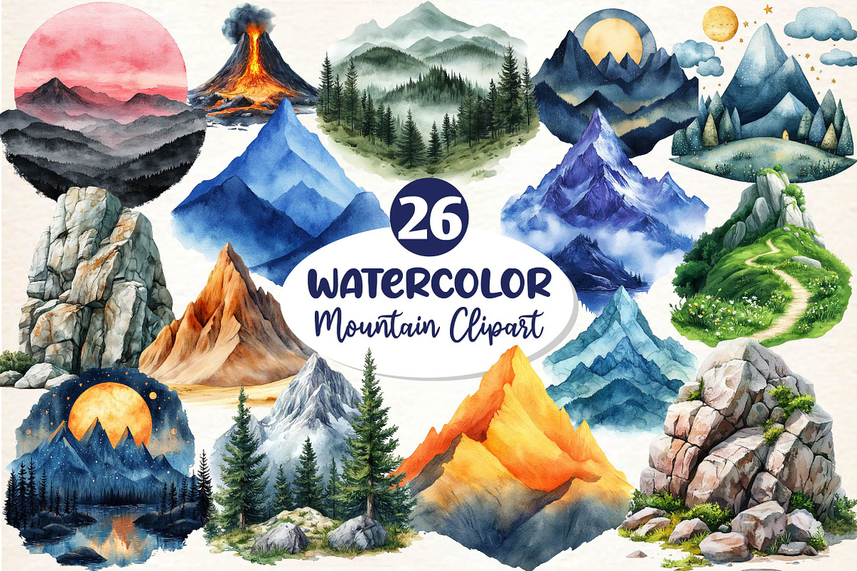 Watercolor Mountain Clipart PNG, an Illustration by Dream Creation (Photo 1 of 6)
