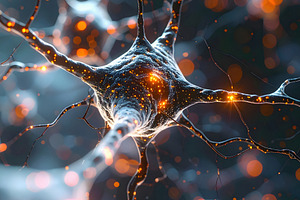 Detailed neuron body with branching dendrites and glowing sparks, a Health & Medical Photo by GoodGoods