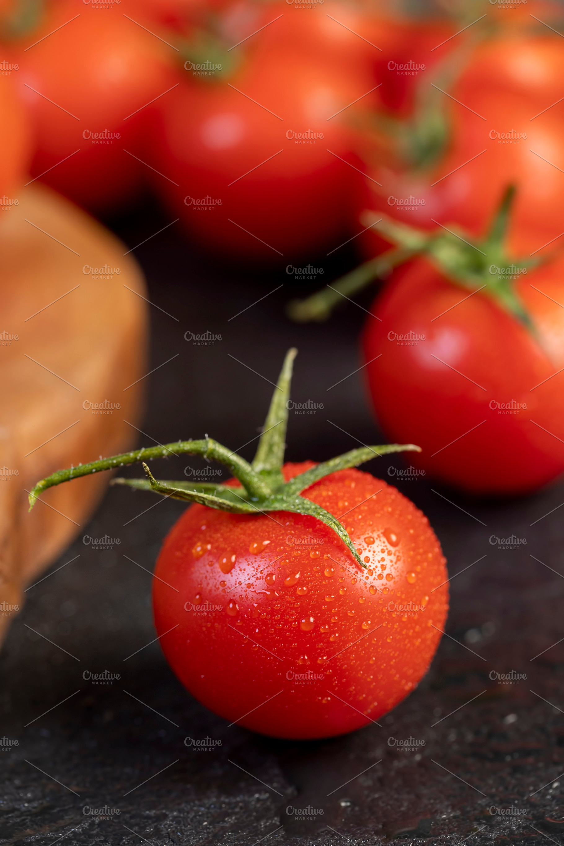 several red round cherry tomatoes on the table with small green tails, a Photo by rsoollAI