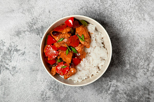 Manchurian chicken with vegetables containing food, chicken, and chinese