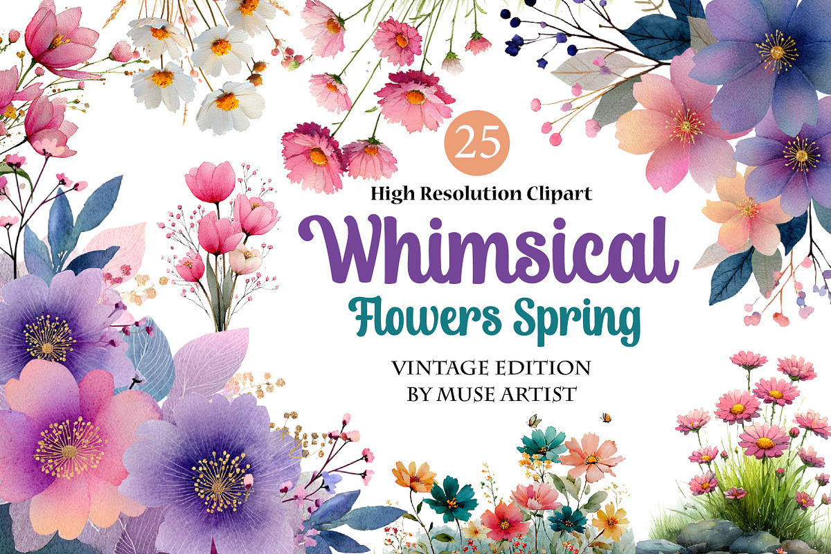 Whimsical Flowers Spring Clipart, an Illustration by DreamArtGraphic (Photo 1 of 4)