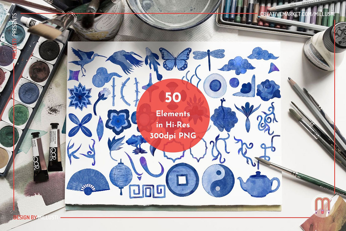 Chinoiserie Blue Watercolor Patterns, a Pattern Graphic by Millusti (Photo 2 of 11)