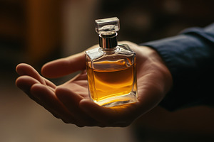 Bottle of cologne held by a man, a Photo by Pavel_design