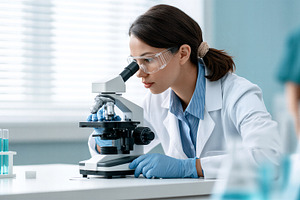 Scientist examining with microscope, a Health & Medical Photo by 7DesignLab