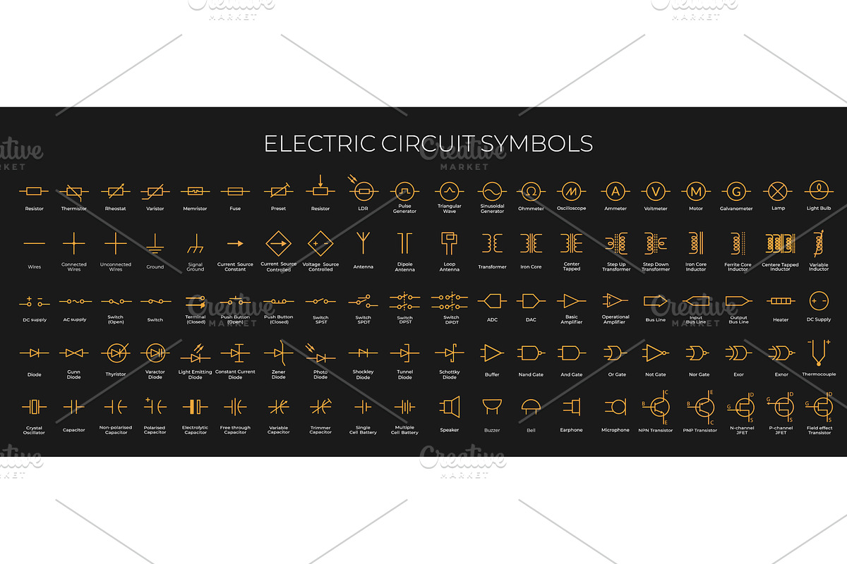 Electric circuit symbols, line icons, a Technology Illustration by Vector Tradition