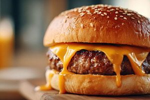 Juicy cheeseburger with melting cheddar, a Food & Drink Photo by AlyaAnd