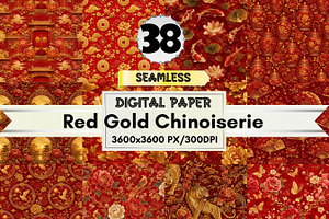 Red Gold Chinoiserie Digital Papers, a Pattern Graphic by LA Design