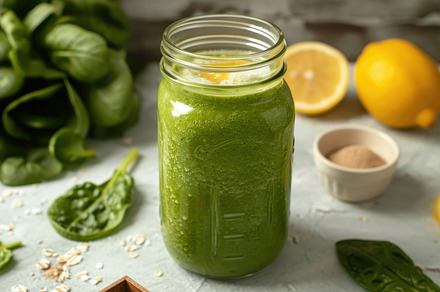 A glass mason jar filled with green smoothie is accompanied by f, a Food & Drink Photo by Mashimara
