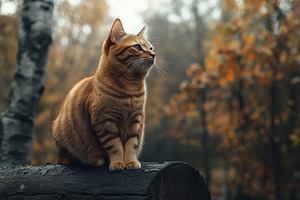 A ginger cat sitting on a log in a forest during autumn. The background feature, an Animal Photo by Textures & Backgrounds