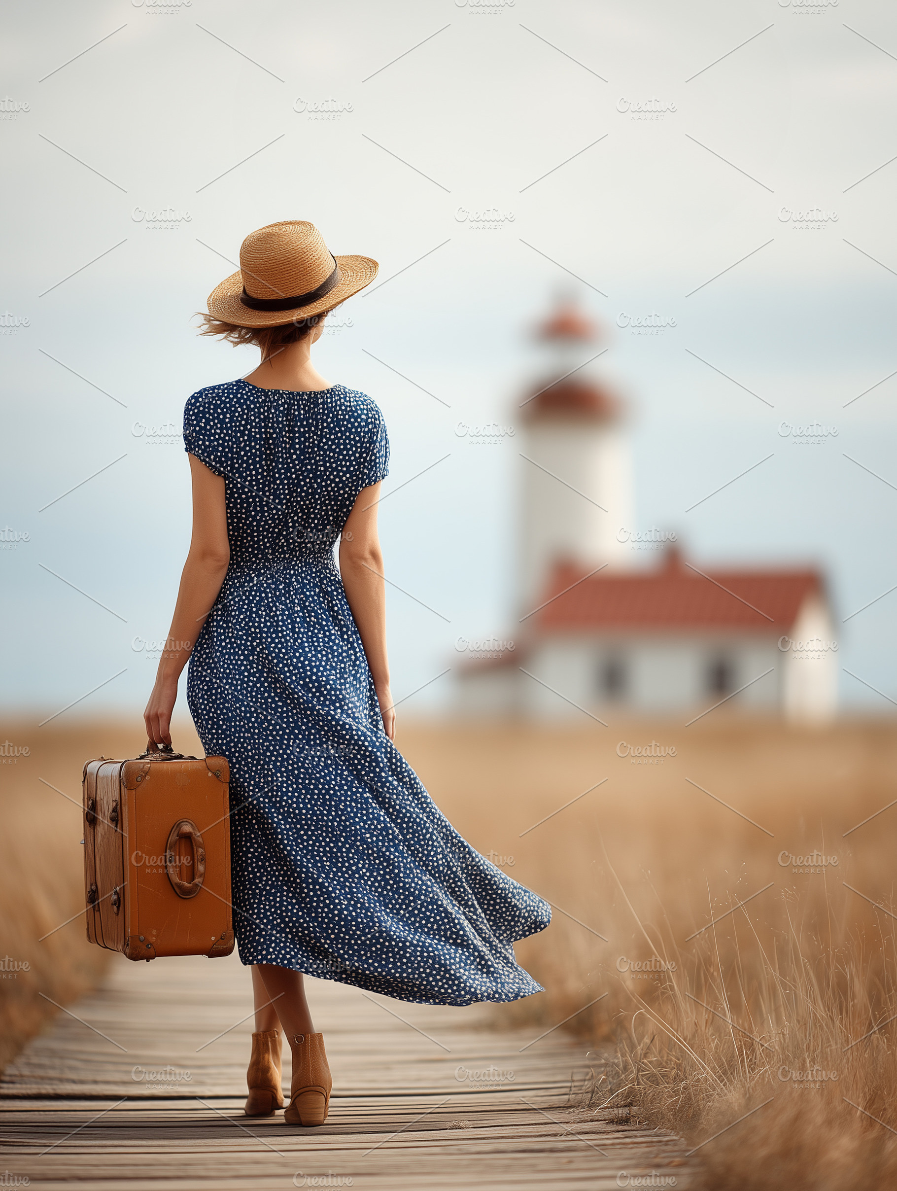 Woman in blue summer dress and straw, a Person Photo by MistyDay