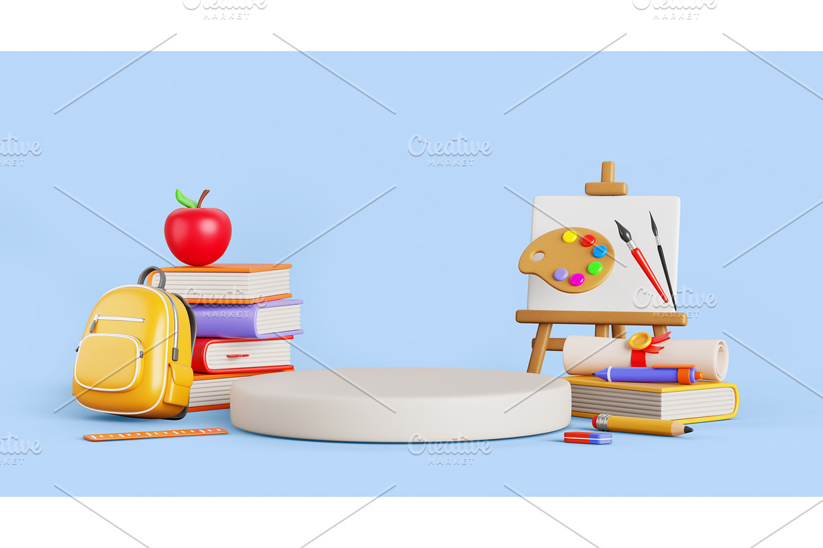 Back to school podium 3d blue studio, an Education Illustration by Marozhkastudio
